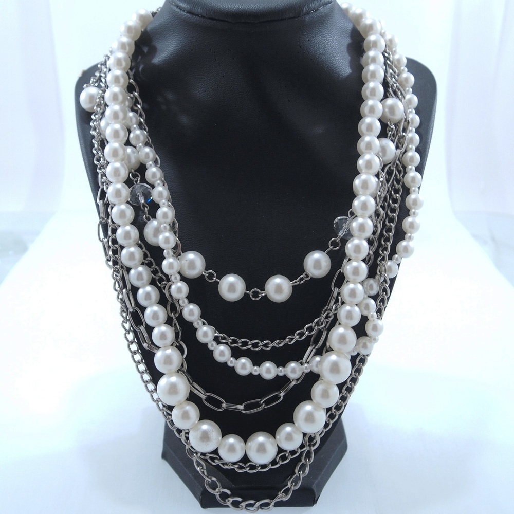 Silver Tone Multi Pearl Chain Necklace